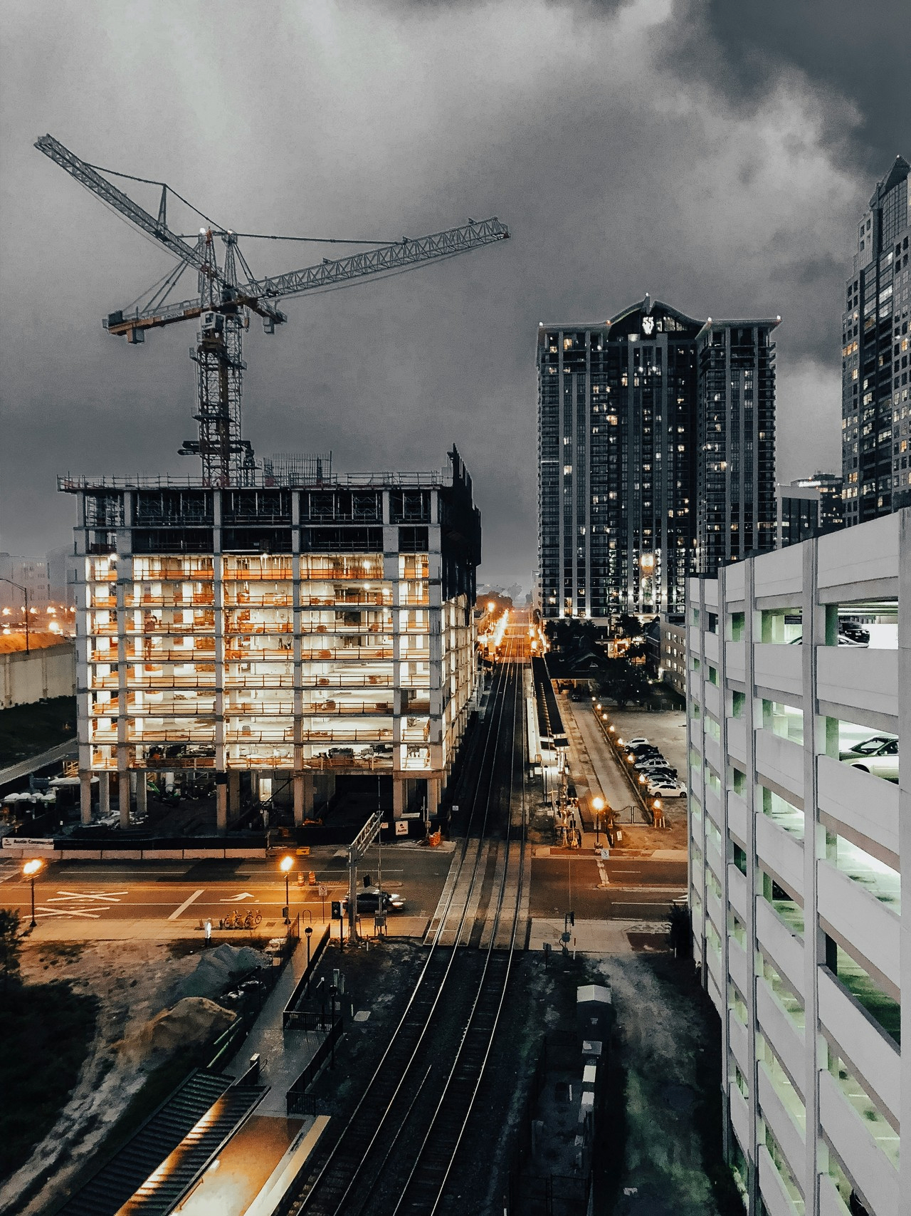Commercial construction site at dusk